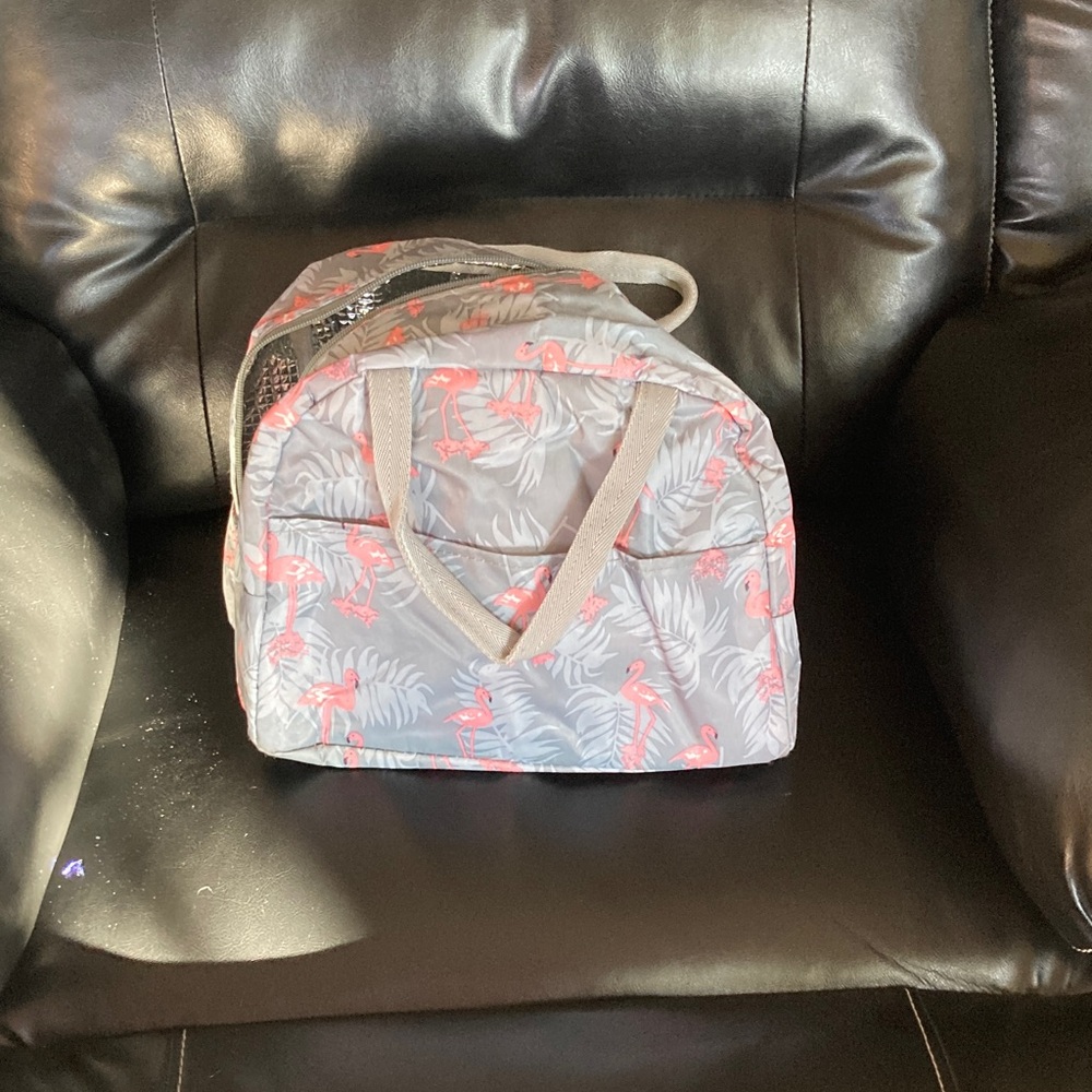 Gray Flamingo Print Cosmetic Travel Bag